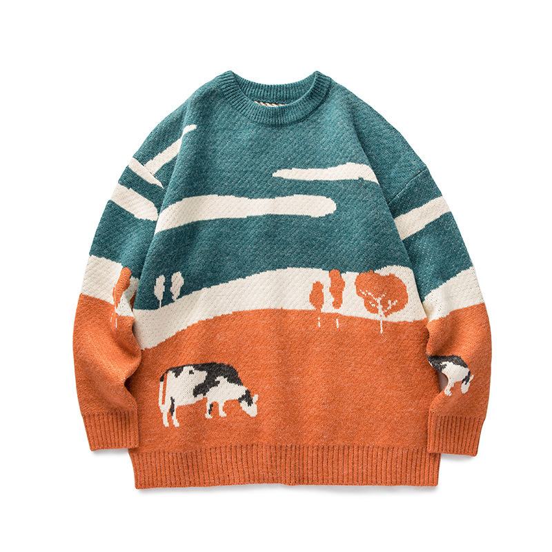 Kontrastowy Sweter Z Okrągłym Dekoltem W Stylu Vintage
