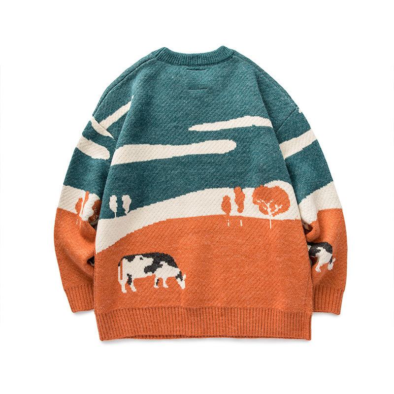 Kontrastowy Sweter Z Okrągłym Dekoltem W Stylu Vintage
