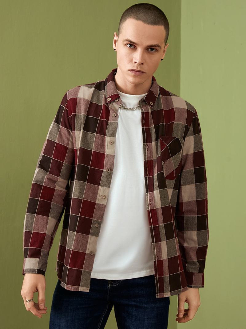 Koszula Męska 100% Bawełna Vintage Casual Red Plaid