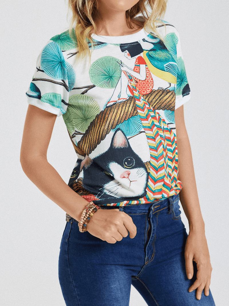 Kot Kreskówka Girl Drukowanie O-neck Casual T-shirt Z Krótkim Rękawem Dla Kobiet