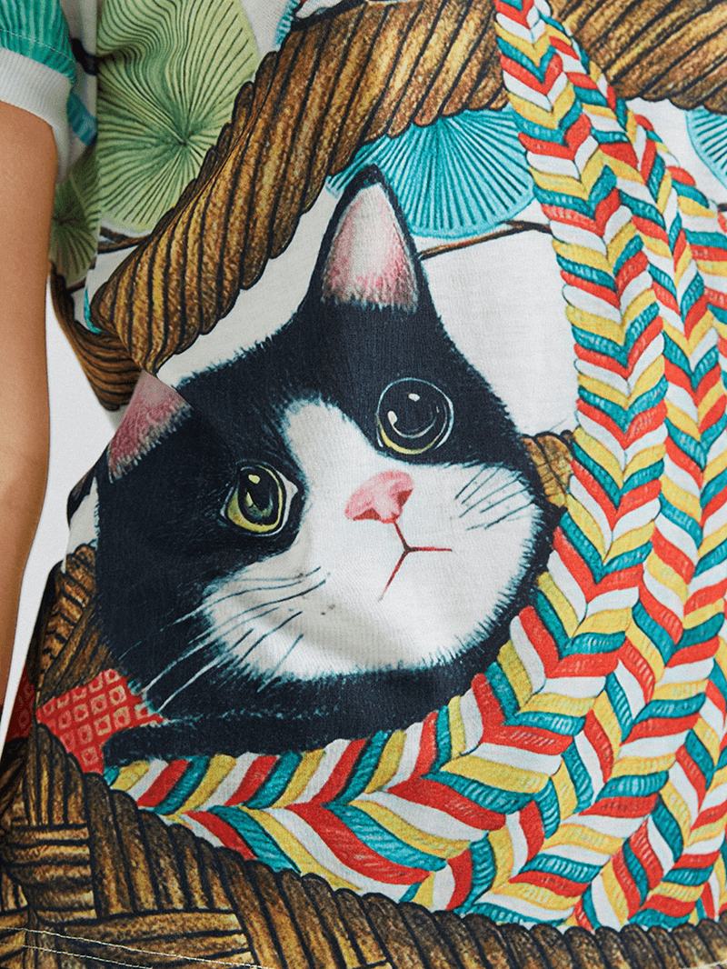 Kot Kreskówka Girl Drukowanie O-neck Casual T-shirt Z Krótkim Rękawem Dla Kobiet