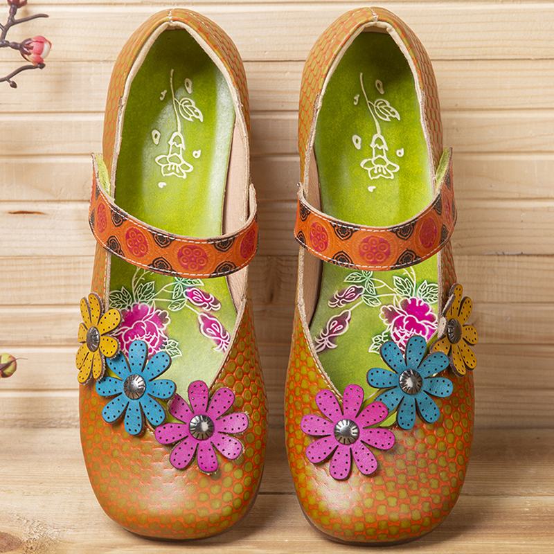 Kwiaty Decor Nadruk W Kropki Skóra Bydlęca Retro Ankle Strap Hook Loop Casual Flat Shoes