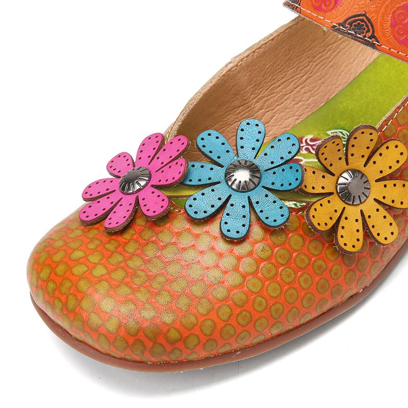 Kwiaty Decor Nadruk W Kropki Skóra Bydlęca Retro Ankle Strap Hook Loop Casual Flat Shoes