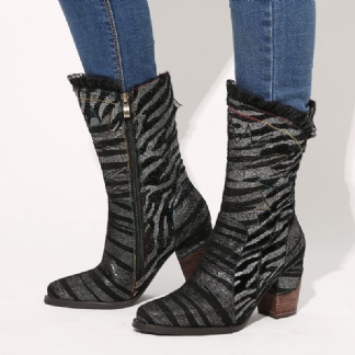 Ladies Lace Design Metal Color Zebra Pattern Pointed Toe Zipper Block Heel Western Boots