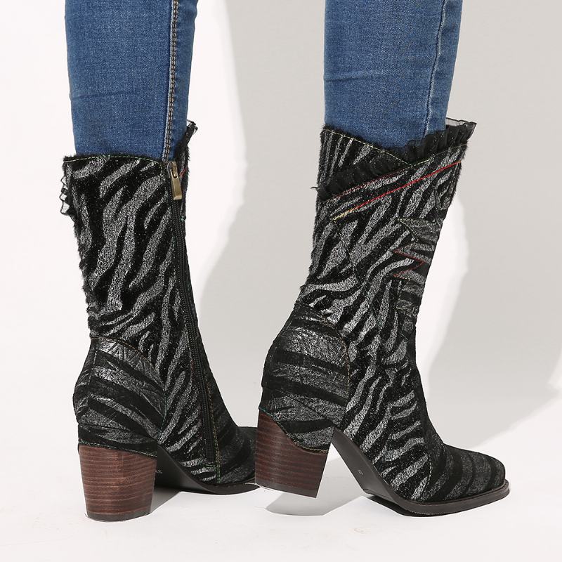 Ladies Lace Design Metal Color Zebra Pattern Pointed Toe Zipper Block Heel Western Boots