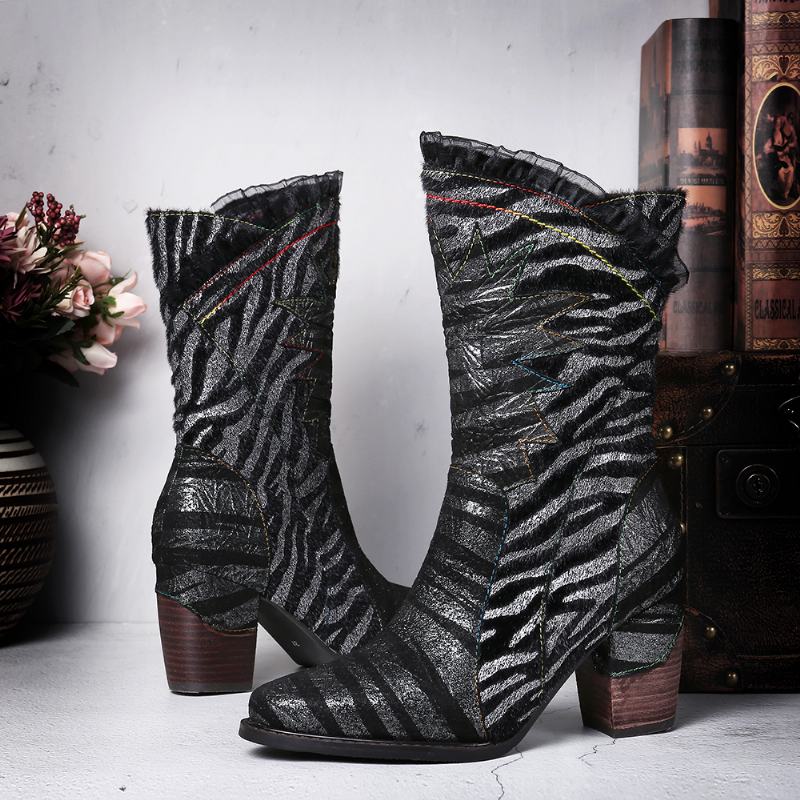 Ladies Lace Design Metal Color Zebra Pattern Pointed Toe Zipper Block Heel Western Boots