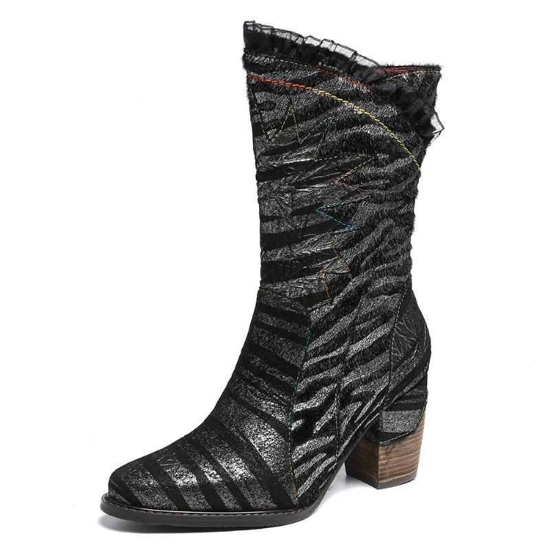 Ladies Lace Design Metal Color Zebra Pattern Pointed Toe Zipper Block Heel Western Boots