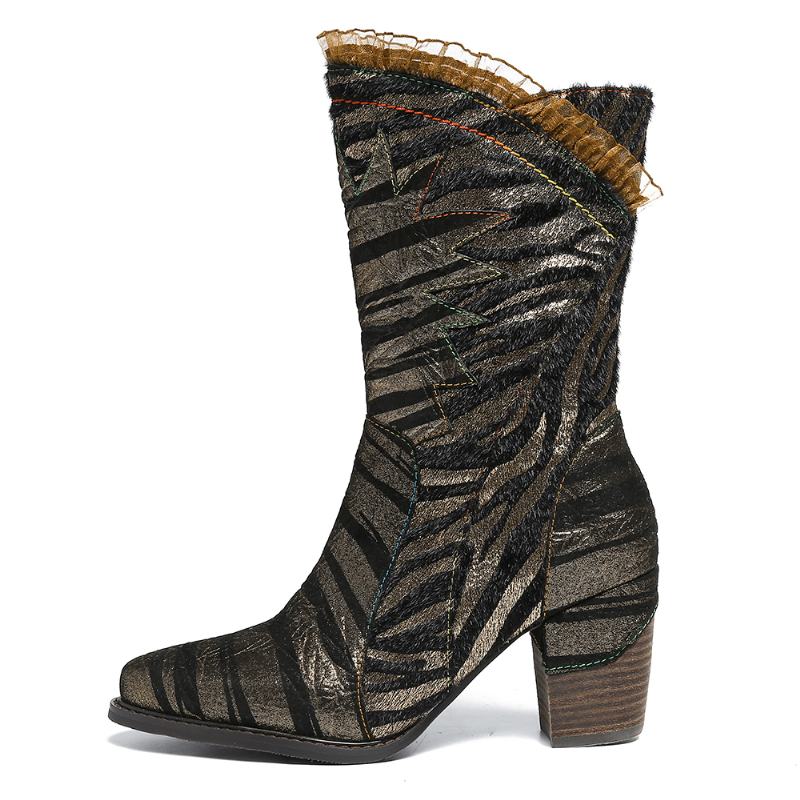 Ladies Lace Design Metal Color Zebra Pattern Pointed Toe Zipper Block Heel Western Boots