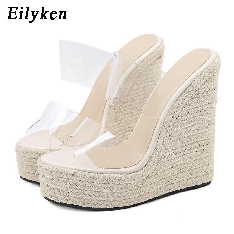 Lato Pvc Przezroczyste Peep Toe Cane Słomy Splot Platformy Kliny Kapcie Sandały Kobiety Moda Wysokie Obcasy Buty Damskie