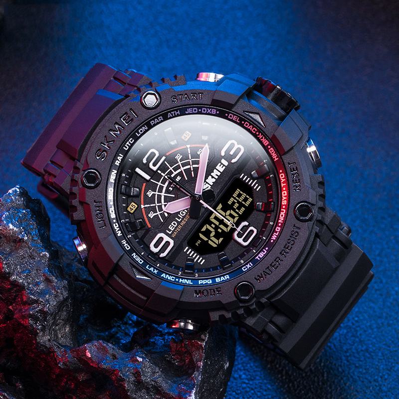 Led Light Sport Męskie Cyfrowy Zegarek 5atm Wodoodporny Stoper Camouflage Dual Display Watch