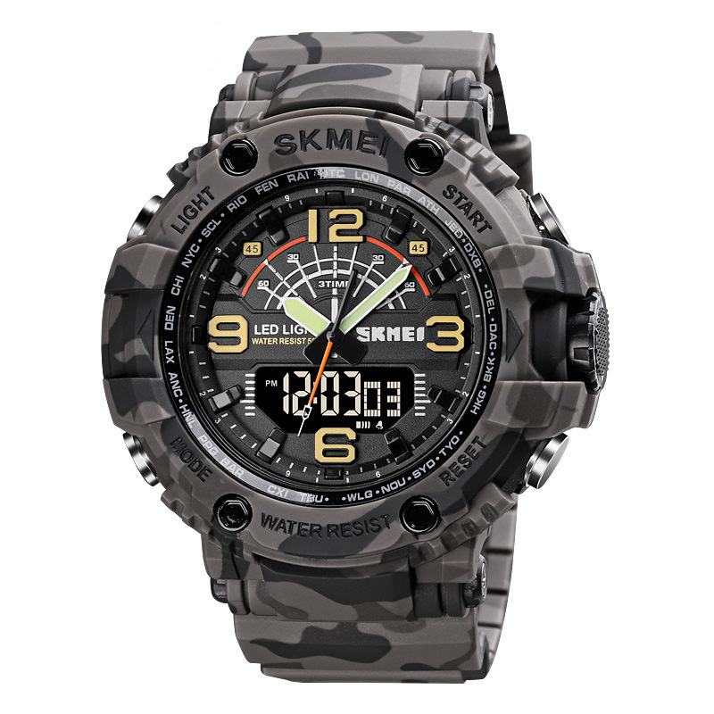 Led Light Sport Męskie Cyfrowy Zegarek 5atm Wodoodporny Stoper Camouflage Dual Display Watch