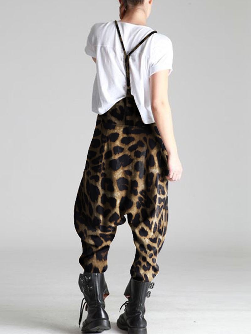 Leopard Drukowanie Straps Button Luźne Kombinezony Harem Dla Kobiet