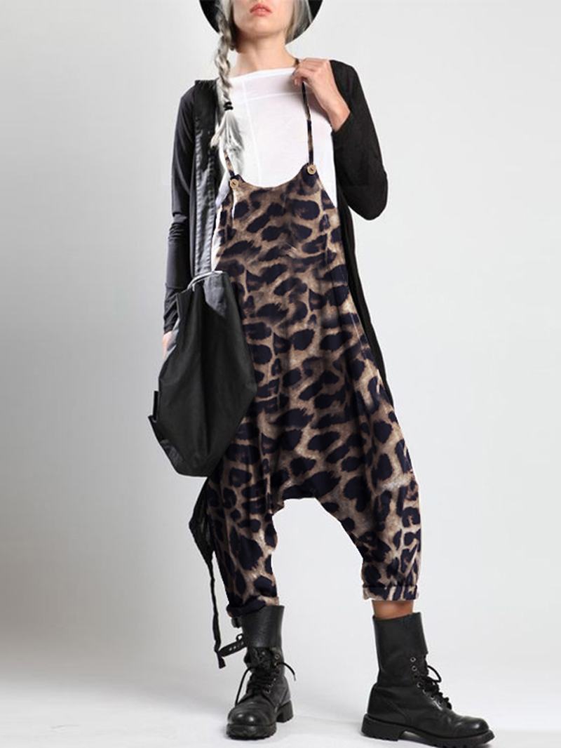 Leopard Drukowanie Straps Button Luźne Kombinezony Harem Dla Kobiet