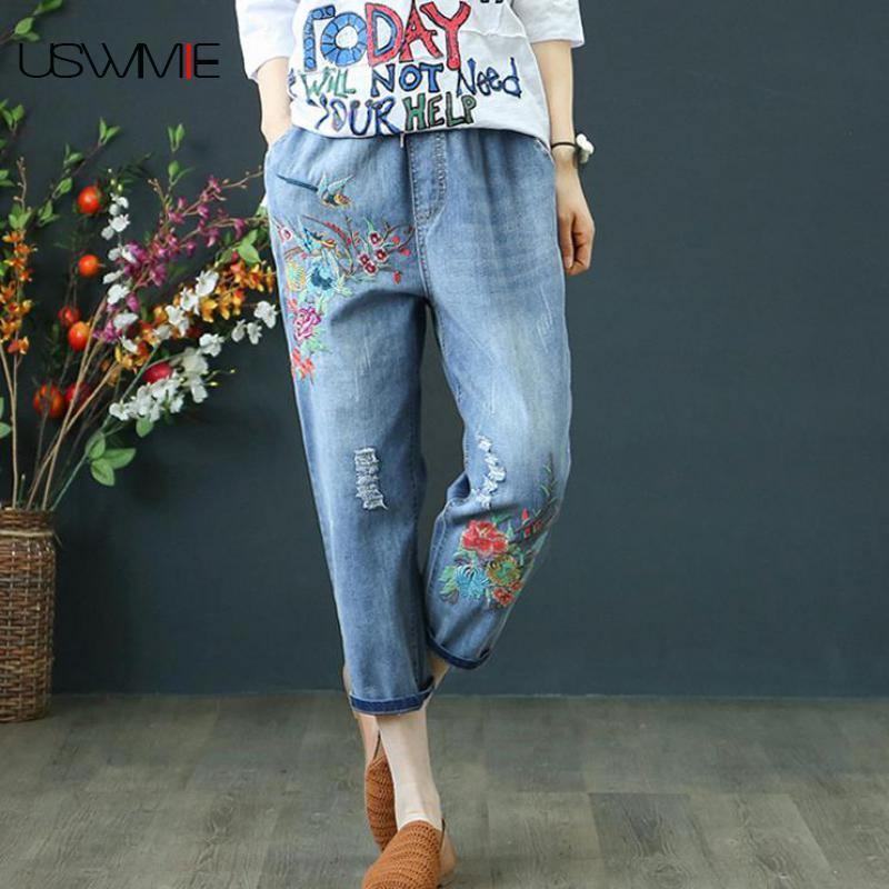 Letnie Damskie Dżinsy Denim Retro Haft Dziurki Ze Sznurkiem Luźny Komfort Na Co Dzień Kowbojskie Kobiece Spodnie Damskie Siedem Plus Size