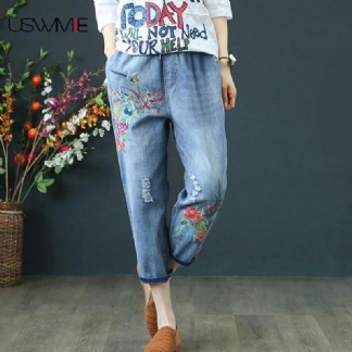 Letnie Damskie Dżinsy Denim Retro Haft Dziurki Ze Sznurkiem Luźny Komfort Na Co Dzień Kowbojskie Kobiece Spodnie Damskie Siedem Plus Size