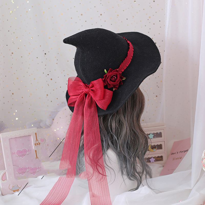 Lolita Retro Witch Hat Masquerade Rose Big Bow Wizard Kapelusz Gothic Magiczna Dziewczyna Kapelusz Akcesoria Cosplay Party Decor