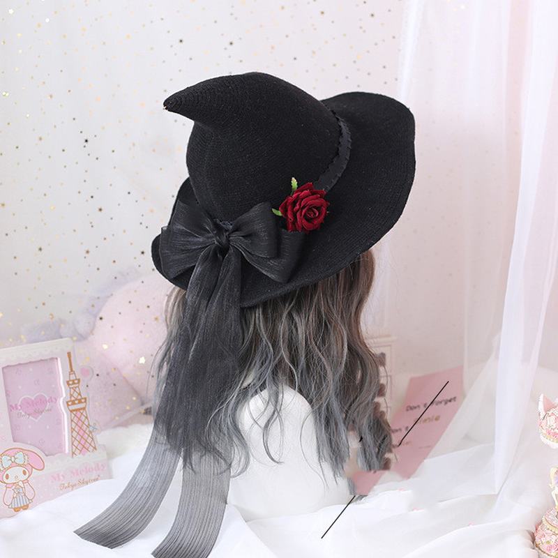 Lolita Retro Witch Hat Masquerade Rose Big Bow Wizard Kapelusz Gothic Magiczna Dziewczyna Kapelusz Akcesoria Cosplay Party Decor