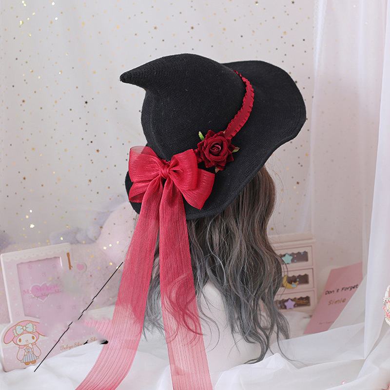 Lolita Retro Witch Hat Masquerade Rose Big Bow Wizard Kapelusz Gothic Magiczna Dziewczyna Kapelusz Akcesoria Cosplay Party Decor