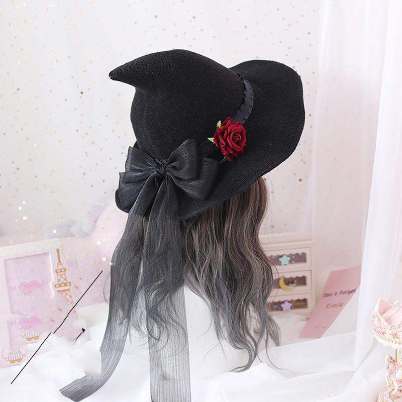 Lolita Retro Witch Hat Masquerade Rose Big Bow Wizard Kapelusz Gothic Magiczna Dziewczyna Kapelusz Akcesoria Cosplay Party Decor