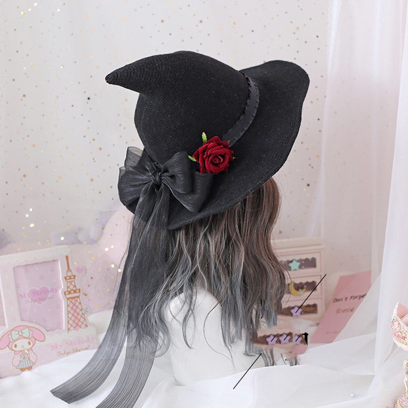 Lolita Retro Witch Hat Masquerade Rose Big Bow Wizard Kapelusz Gothic Magiczna Dziewczyna Kapelusz Akcesoria Cosplay Party Decor