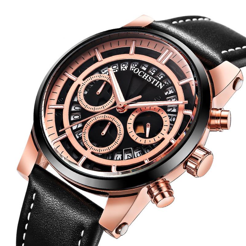 Luminous Display Męski Zegarek Na Rękę Chronograph Skórzany Pasek Zegarki Kwarcowe