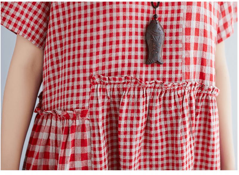 Luźna Sukienka W Kratę Z Bawełny I Lnu W Stylu Vintage