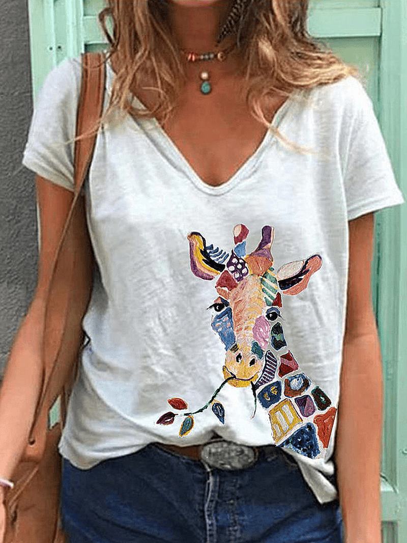 Luźne Koszulki Z Krótkim Rękawem Dla Kobiet W Kreskówkowej Żyrafie W Zwierzęcy Dekolt W Serek