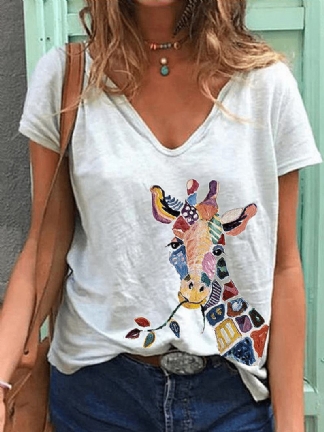 Luźne Koszulki Z Krótkim Rękawem Dla Kobiet W Kreskówkowej Żyrafie W Zwierzęcy Dekolt W Serek