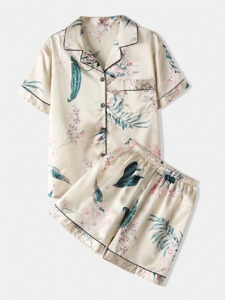 Luźne Piżamy Z Krótkim Rękawem Plus Size Kobiety Z Nadrukiem Roślinnym Revere Collar Faux Silk Z Krótkim Rękawem