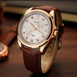 Mężczyźni Crystal Rose Gold Case Skórzany Pasek Luminous Display Zegarek Kwarcowy
