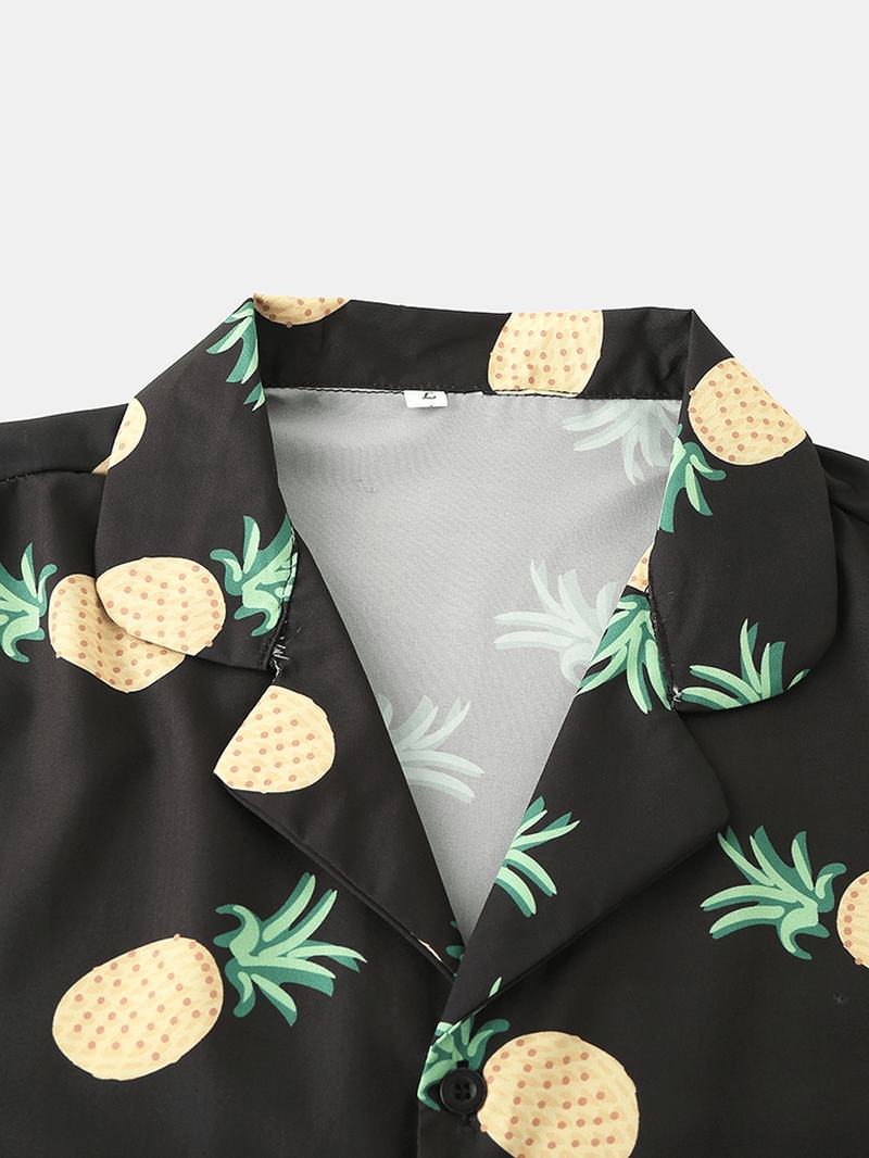 Mężczyźni Funny Cartoon Ananas Drukowanie CZarny Zestaw Piżam Summer Home Sleepwear