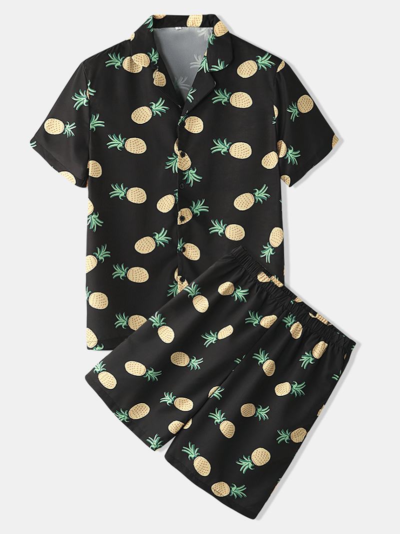 Mężczyźni Funny Cartoon Ananas Drukowanie CZarny Zestaw Piżam Summer Home Sleepwear