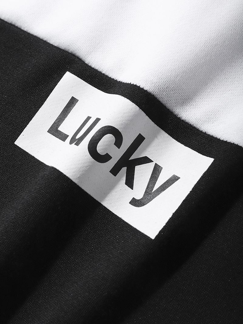 Mężczyźni Lucky Letter Patchwork Kieszenie Sznurek Casual Bluza Z Kapturem