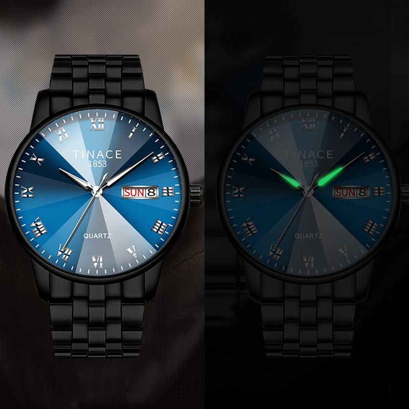 Mężczyźni Luminous Display Moda Niebieski CZarny Dial Day Week Display Zegarek Kwarcowy Ze Stali Nierdzewnej