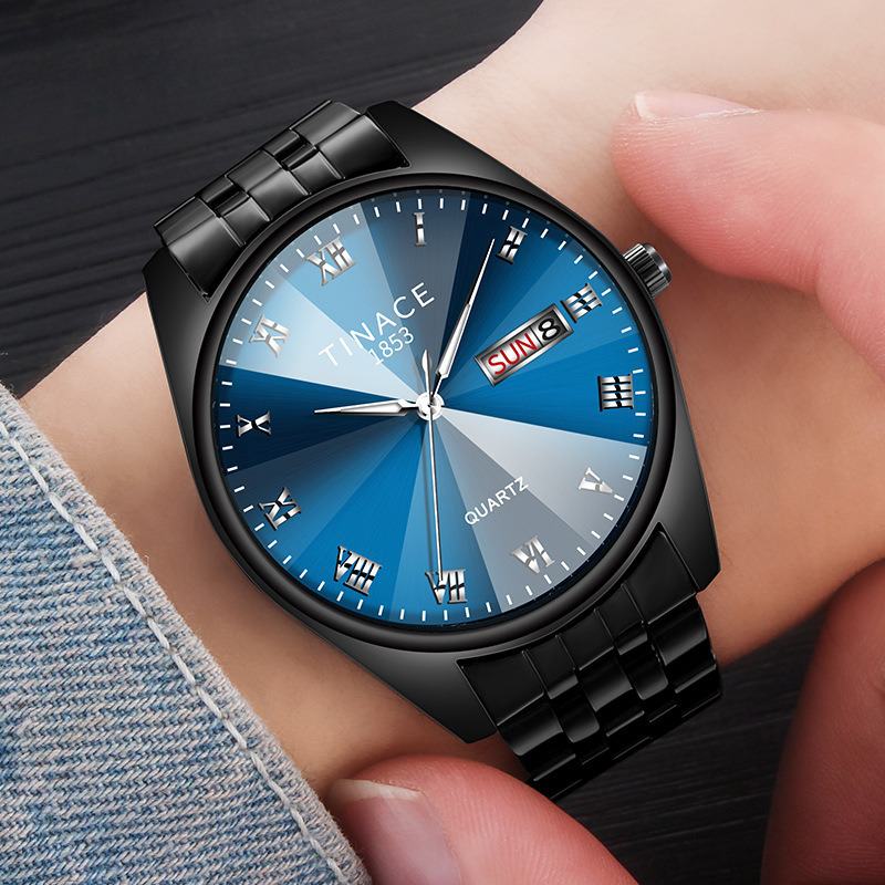 Mężczyźni Luminous Display Moda Niebieski CZarny Dial Day Week Display Zegarek Kwarcowy Ze Stali Nierdzewnej