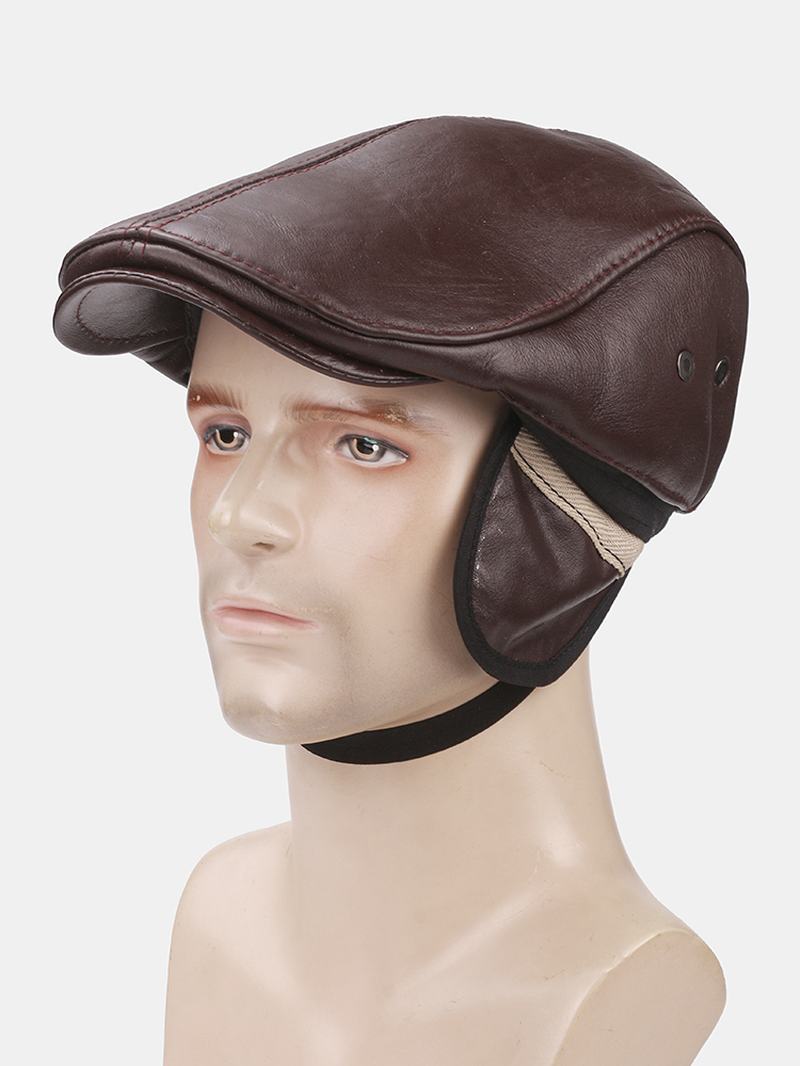 Mężczyźni Oryginalna Skórzana Ochrona Słuchu Utrzymuj Ciepło Outdoor Windproof Forward Hat Beret Hat