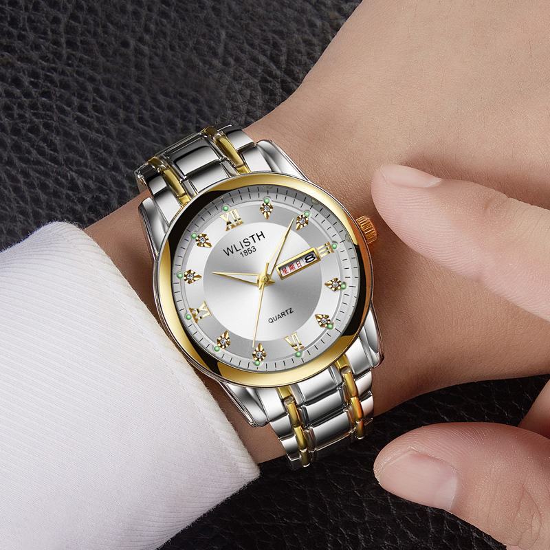 Mężczyźni Pełny Stalowy Pasek Zegarek Kwarcowy Biznes Luminous Wodoodporny Kalendarz Casual Wristwatch