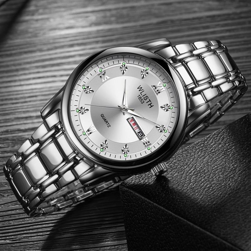 Mężczyźni Pełny Stalowy Pasek Zegarek Kwarcowy Biznes Luminous Wodoodporny Kalendarz Casual Wristwatch