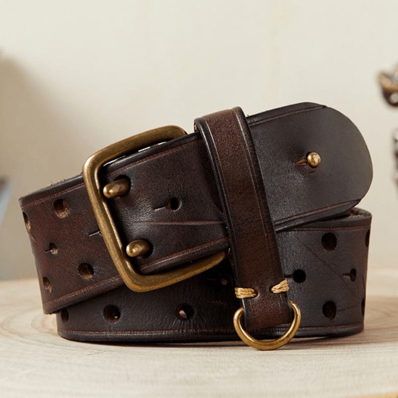 Mężczyźni Prawdziwa Skóra Hollow 120 cm Retro Double Pin Buckle Matowe Oddychające Jeansy Pasuje Do Pasa