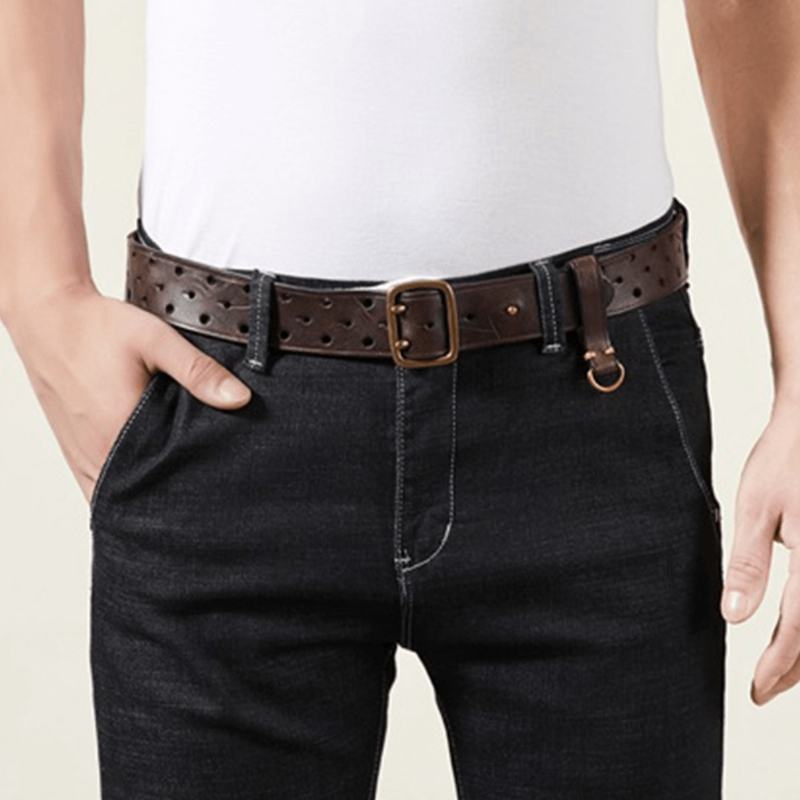 Mężczyźni Prawdziwa Skóra Hollow 120 cm Retro Double Pin Buckle Matowe Oddychające Jeansy Pasuje Do Pasa