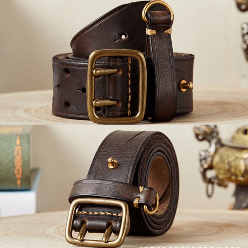 Mężczyźni Prawdziwa Skóra Hollow 120 cm Retro Double Pin Buckle Matowe Oddychające Jeansy Pasuje Do Pasa