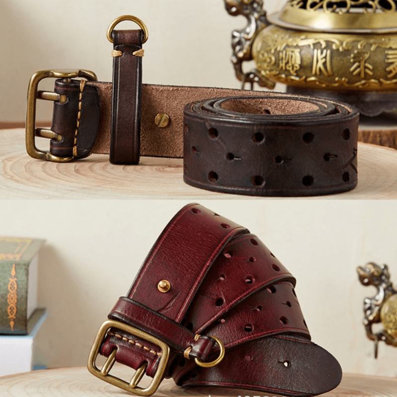 Mężczyźni Prawdziwa Skóra Hollow 120 cm Retro Double Pin Buckle Matowe Oddychające Jeansy Pasuje Do Pasa