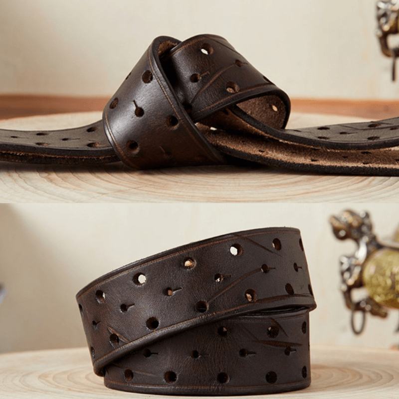 Mężczyźni Prawdziwa Skóra Hollow 120 cm Retro Double Pin Buckle Matowe Oddychające Jeansy Pasuje Do Pasa