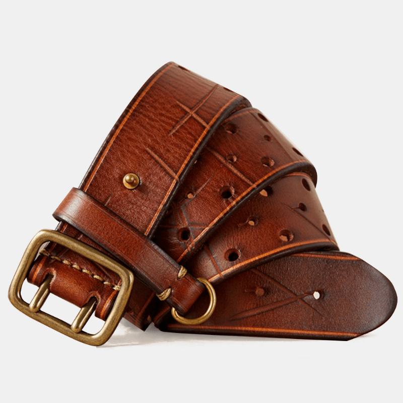 Mężczyźni Prawdziwa Skóra Hollow 120 cm Retro Double Pin Buckle Matowe Oddychające Jeansy Pasuje Do Pasa