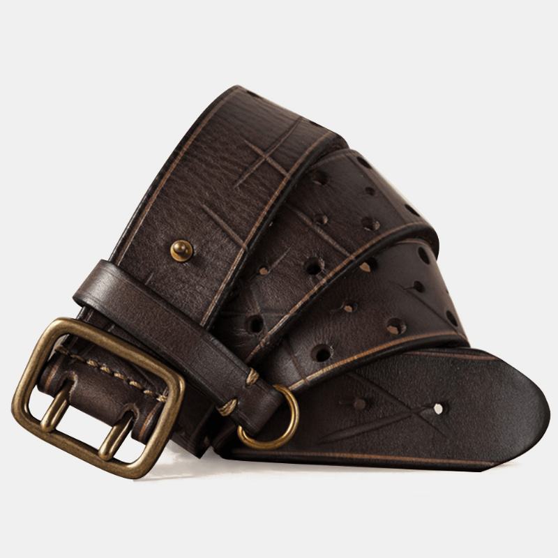 Mężczyźni Prawdziwa Skóra Hollow 120 cm Retro Double Pin Buckle Matowe Oddychające Jeansy Pasuje Do Pasa