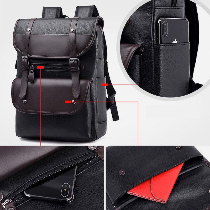 Mężczyźni Pu Leather Hasp Plecak O Dużej Pojemności Multi-pocket Wodoodporna 15.6-calowa Torba Na Laptopa Moda Wild Travel Bag