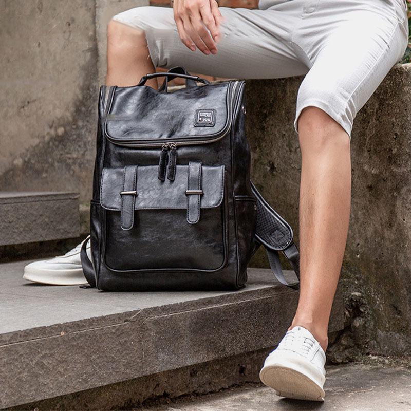 Mężczyźni Pu Leather Moda Trend O Dużej Pojemności 15-calowa Torba Na Laptopa Student School Bag Travel Bag Backpack