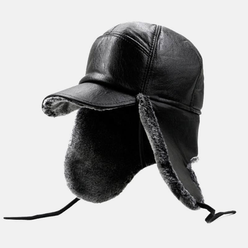 Mężczyźni Pu Leather Plusz Zagęścić Outdoor Wiatroszczelna Ochrona Słuchu Ciepło Trapper Hat Ushanka Hat