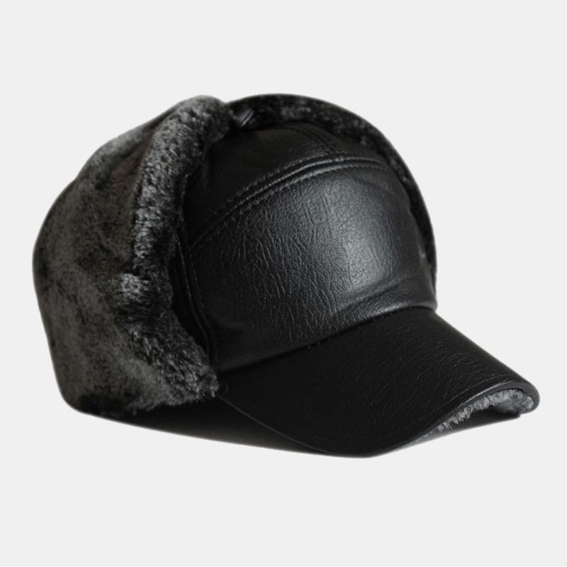 Mężczyźni Pu Leather Plusz Zagęścić Outdoor Wiatroszczelna Ochrona Słuchu Ciepło Trapper Hat Ushanka Hat