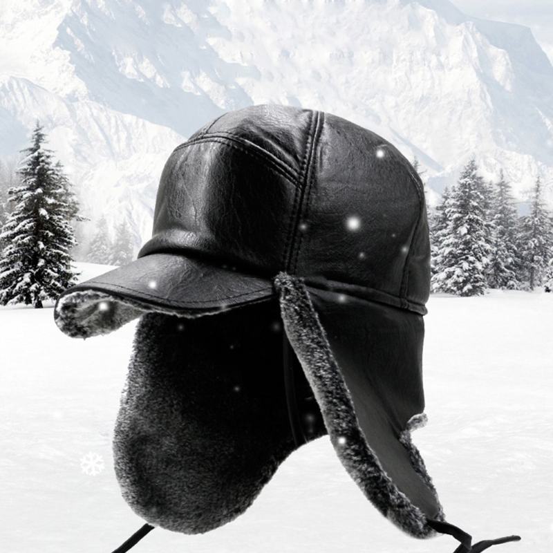 Mężczyźni Pu Leather Plusz Zagęścić Outdoor Wiatroszczelna Ochrona Słuchu Ciepło Trapper Hat Ushanka Hat